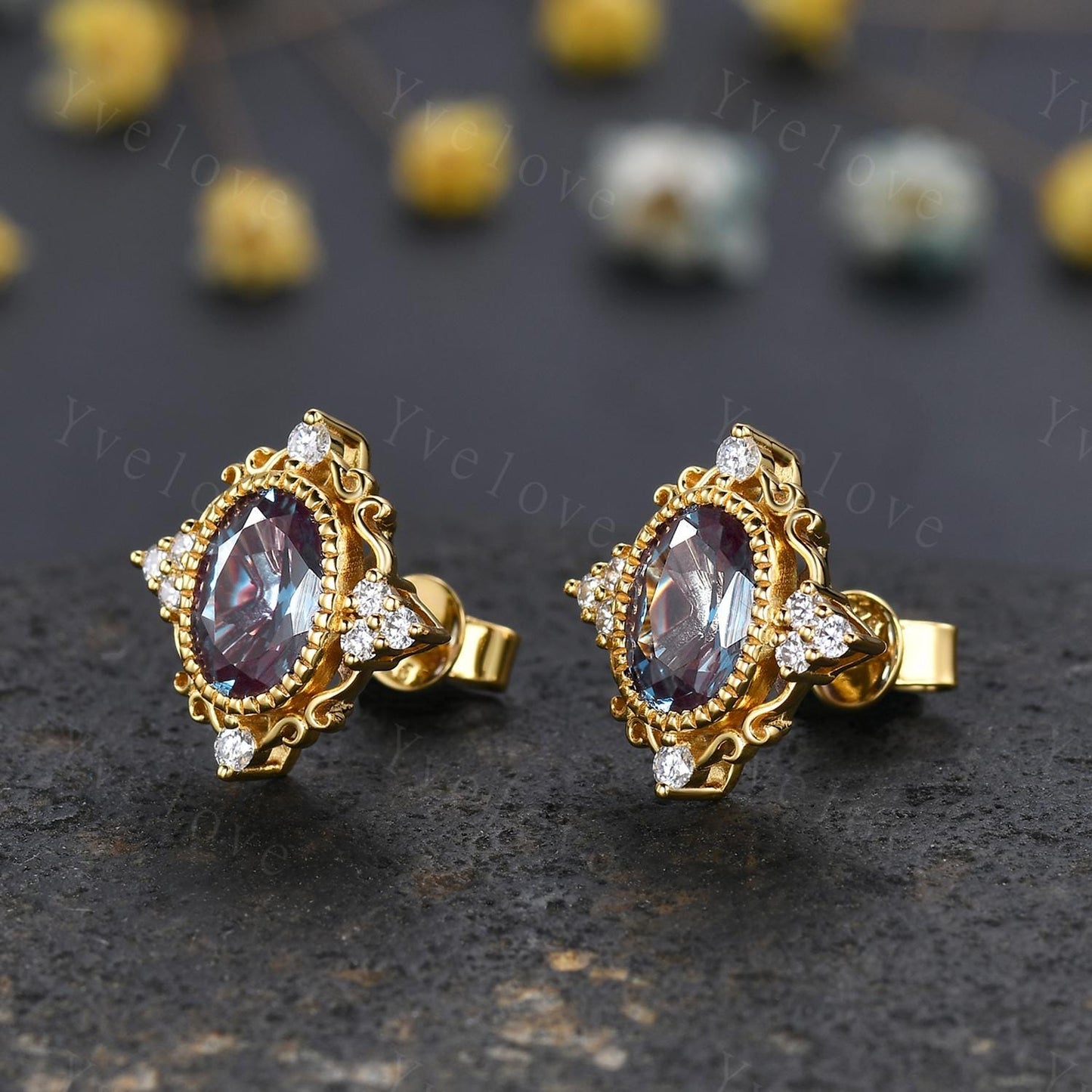 Retro Oval Cut Alexandrite Earrings,Art Deco Diamond Delicate Stud Earrings,Yellow Gold Earrings,Personalized Gift Bridal Earrings for Her