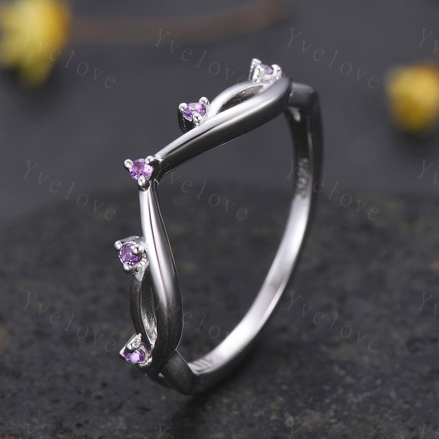 Vintage Amethyst Engagement Ring,Twig Stacking Band,Women Vine Amethyst Band,Art Deco Curved Branch Wedding Band,Black Gold Silver Ring Gift