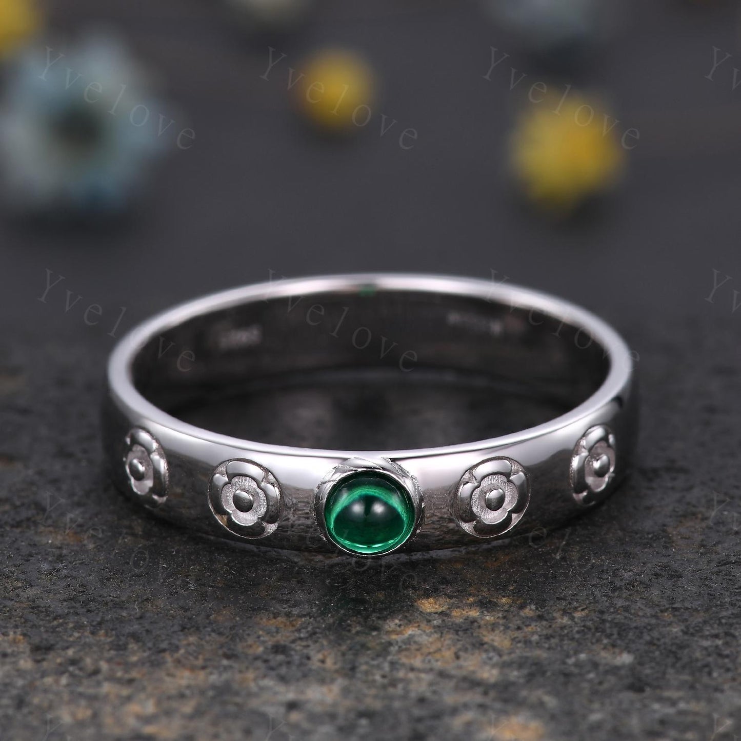 Howls Moving Castle Ring 4mm Round Shaped Natural Emerald Wedding Band 925 Sterling Silver Ring Howl's Ring Stacking Matching Band Gift