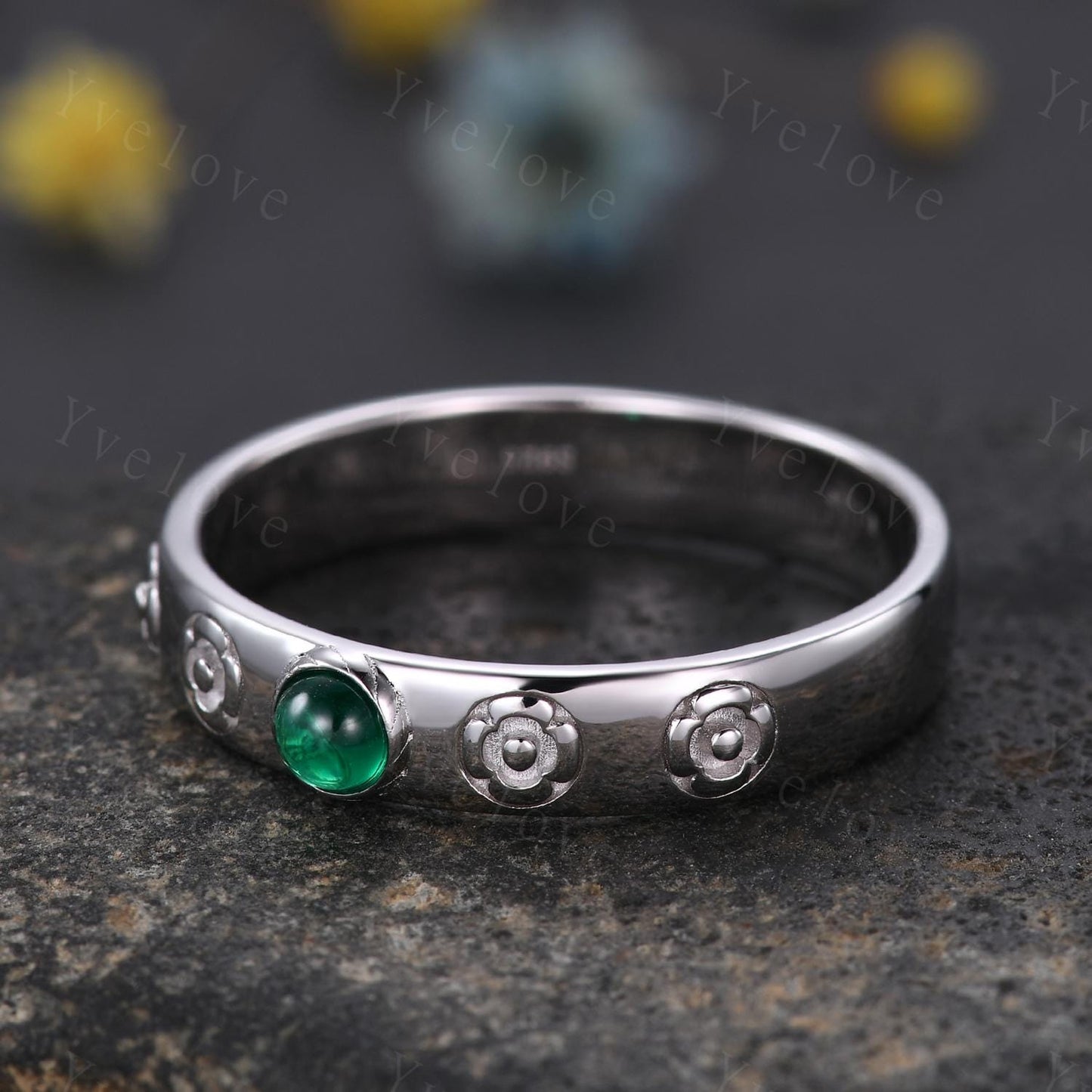 Howls Moving Castle Ring 4mm Round Shaped Natural Emerald Wedding Band 925 Sterling Silver Ring Howl's Ring Stacking Matching Band Gift