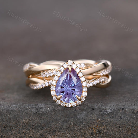 Firework Alexandrite Engagement Ring Set Teardrop Alexandrite Ring Twist Moissanite Wedding Band Promise Ring Bridal Set 14K Solid Gold Ring