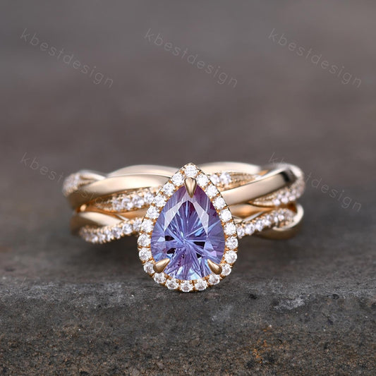 Firework Alexandrite Engagement Ring Set Teardrop Alexandrite Ring Twist Moissanite Wedding Band Promise Ring Bridal Set 14K Solid Gold Ring