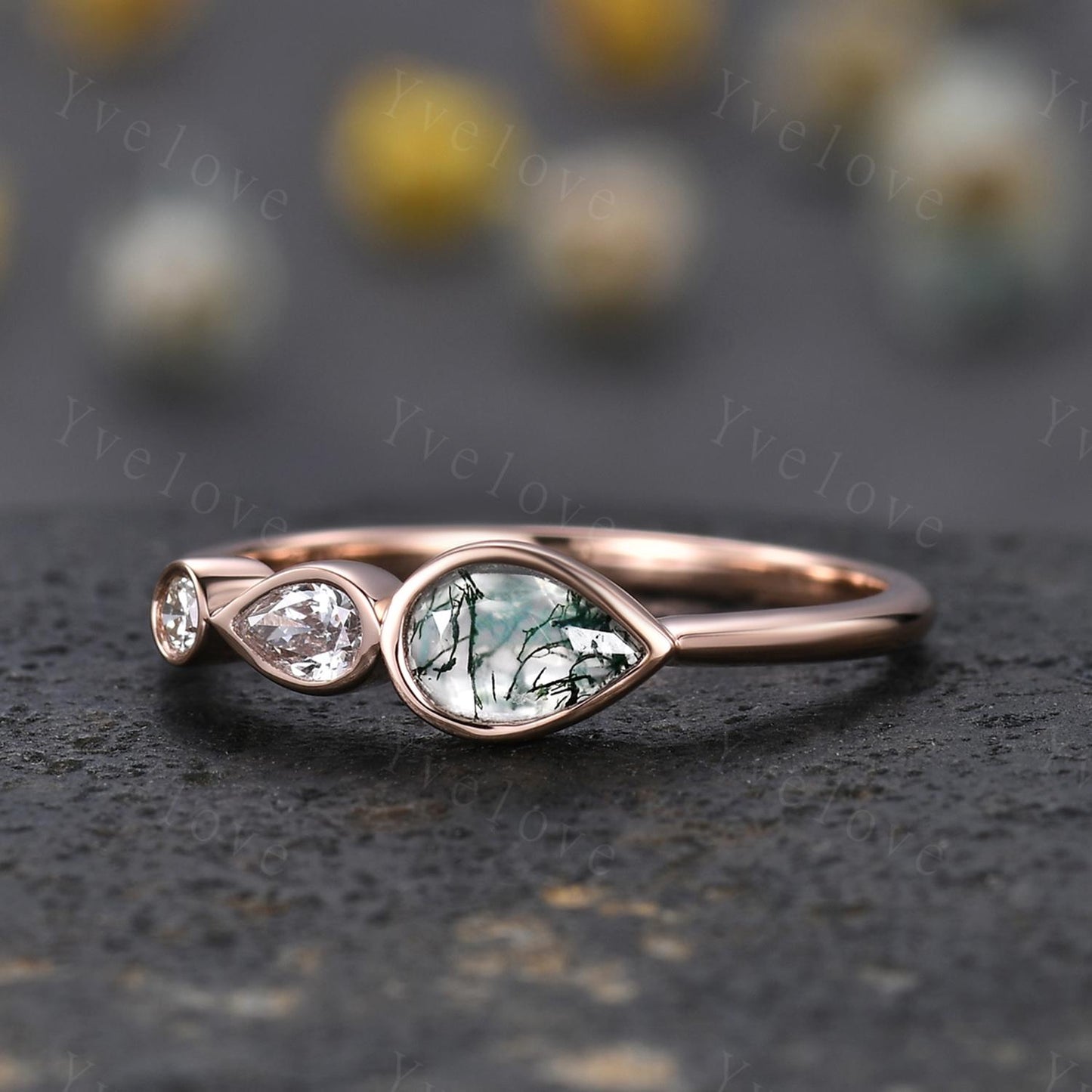 Vintage Pear Cut Moss Agate Ring Engagement Ring,Bezel Set Ring,Art Deco Moissanite Wedding Band,3 Stone Unique Women Bridal Promise Ring