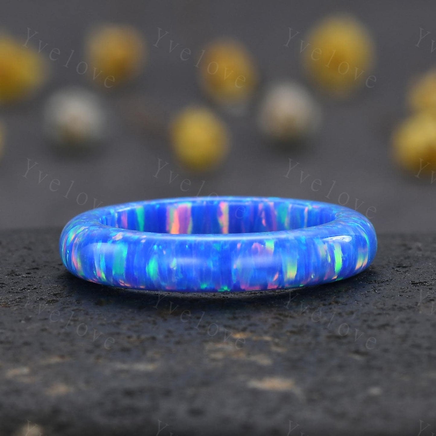 Unique blue opal wedding band mens blue fire opal engagement ring full eternity women October birthstone anniversary ring gift for him her