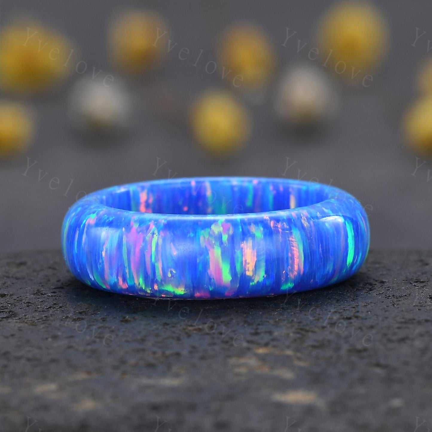 Unique blue opal wedding band mens blue fire opal engagement ring full eternity women October birthstone anniversary ring gift for him her
