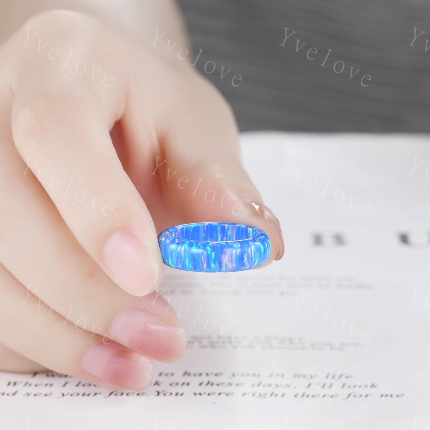 Unique blue opal wedding band mens blue fire opal engagement ring full eternity women October birthstone anniversary ring gift for him her
