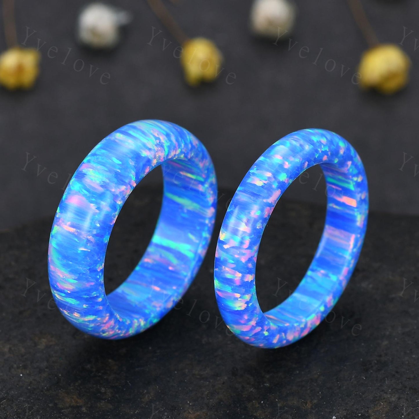 Unique blue opal wedding band mens blue fire opal engagement ring full eternity women October birthstone anniversary ring gift for him her