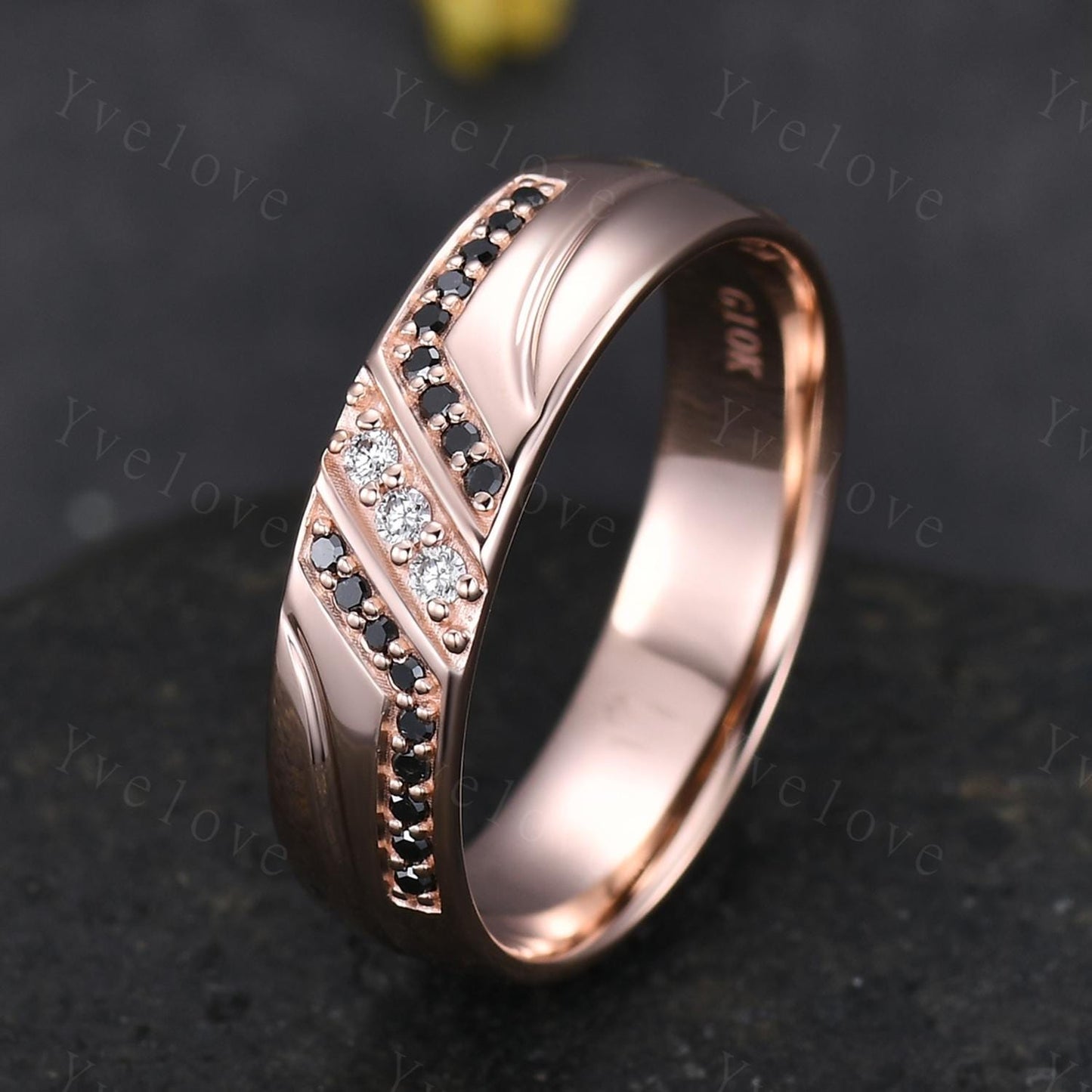 Mens Real Diamond Ring Solid 14k Rose Gold,5mm Moissanite Wedding Band,Comfort Fit Black Diamond Wedding Band,Anniversary Gift Promise Ring