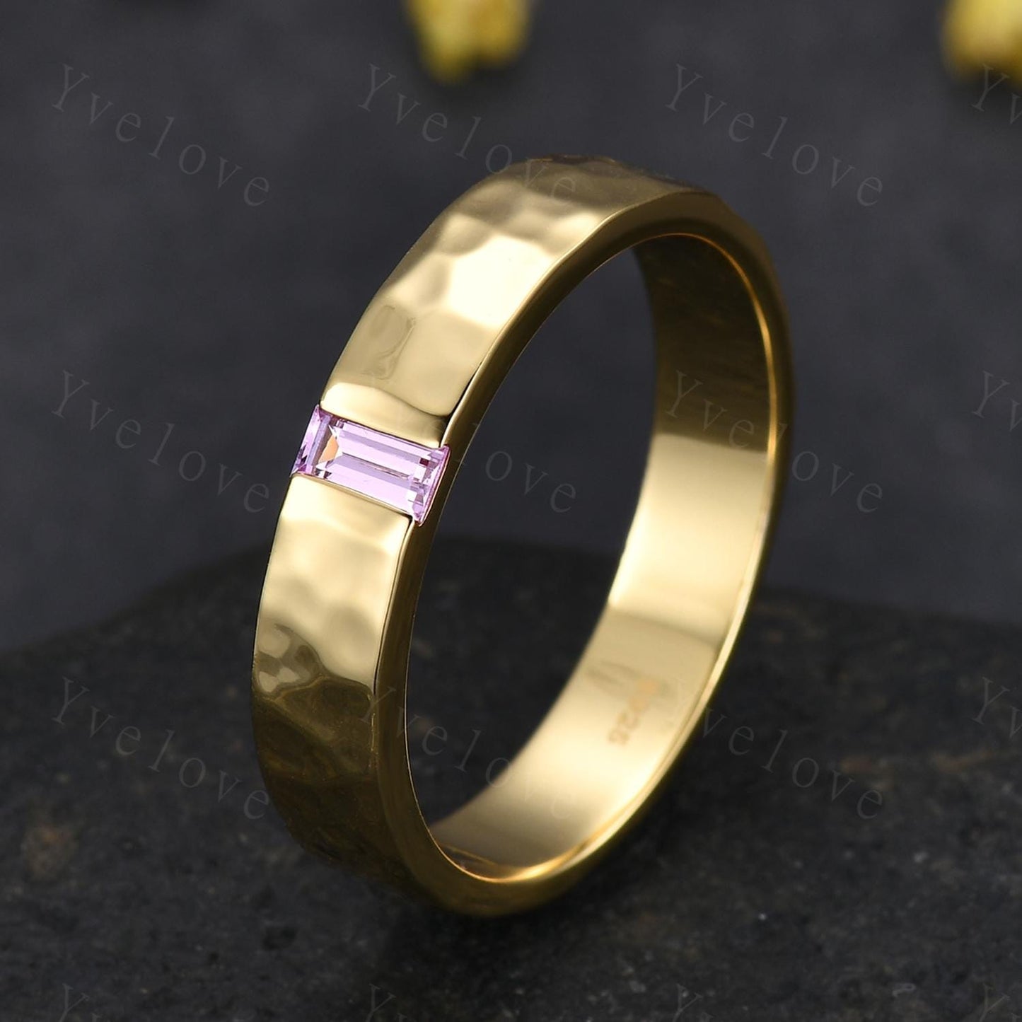 Natural Pink Sapphire Wedding Band Baguette Sapphire Wedding Ring 5mm Gold Ring Mens Hammered Stacking Matching Band Retro Vintage Ring Gift