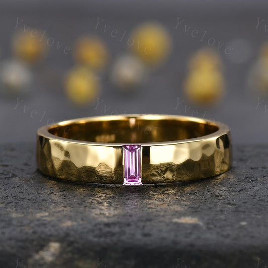 Natural Pink Sapphire Wedding Band Baguette Sapphire Wedding Ring 5mm Gold Ring Mens Hammered Stacking Matching Band Retro Vintage Ring Gift