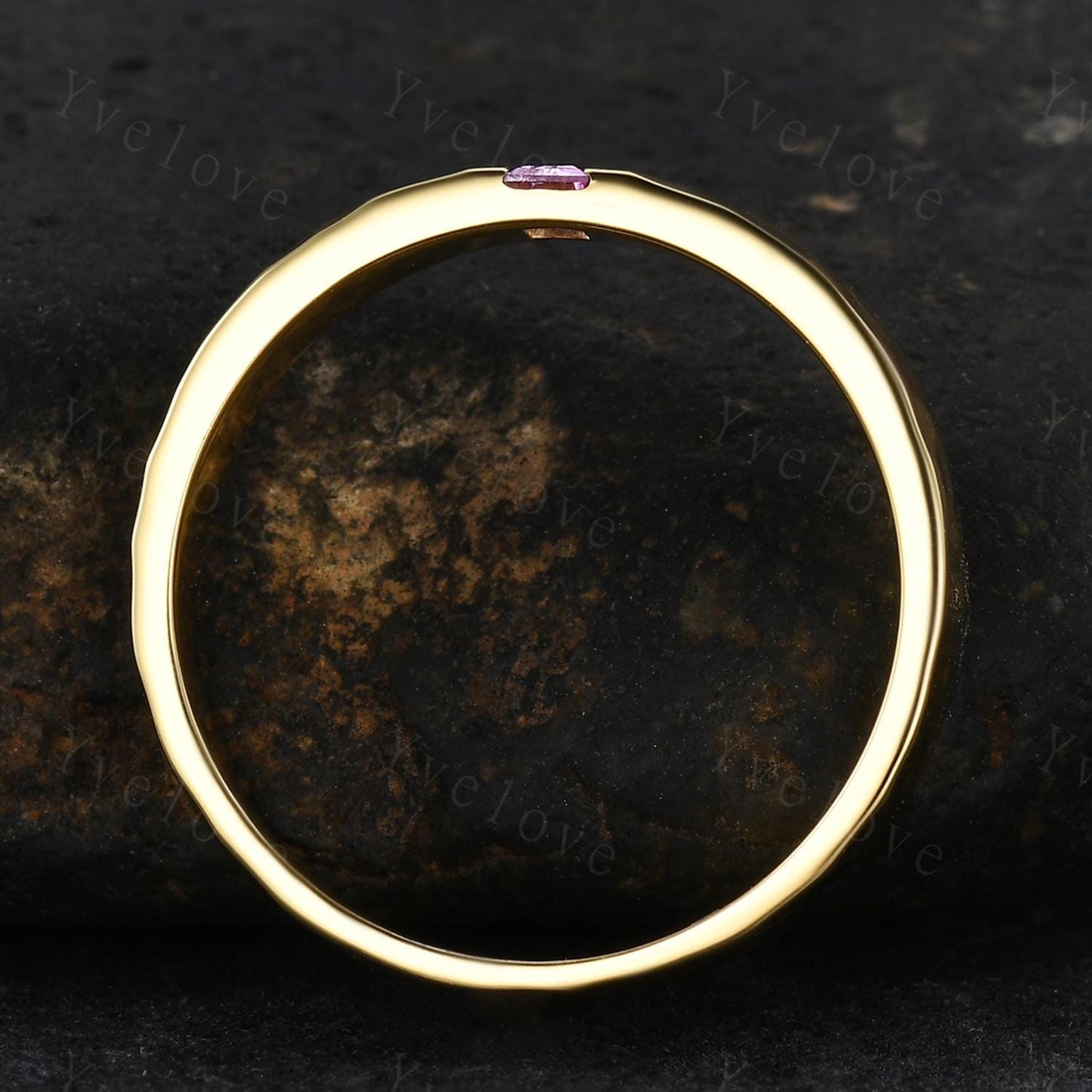 Natural Pink Sapphire Wedding Band Baguette Sapphire Wedding Ring 5mm Gold Ring Mens Hammered Stacking Matching Band Retro Vintage Ring Gift