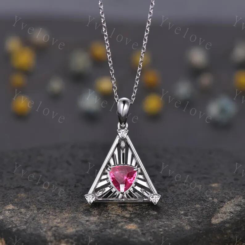 Gothic trillion shape red ruby pendant white gold necklace unique triangle cut ruby engagement necklace wedding necklace July birthday gift
