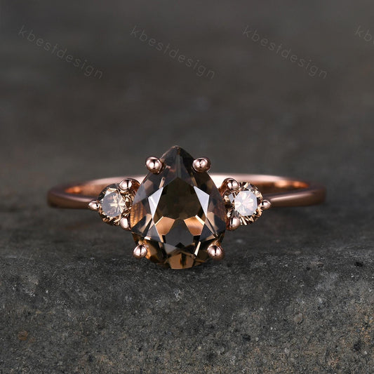 Pear shaped smoky quartz Engagement Ring Rose Gold three stone engagement ring Vintage champagne Diamond Wedding ring Bridal promise ring
