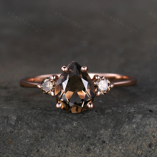 Pear shaped smoky quartz Engagement Ring Rose Gold three stone engagement ring Vintage champagne Diamond Wedding ring Bridal promise ring