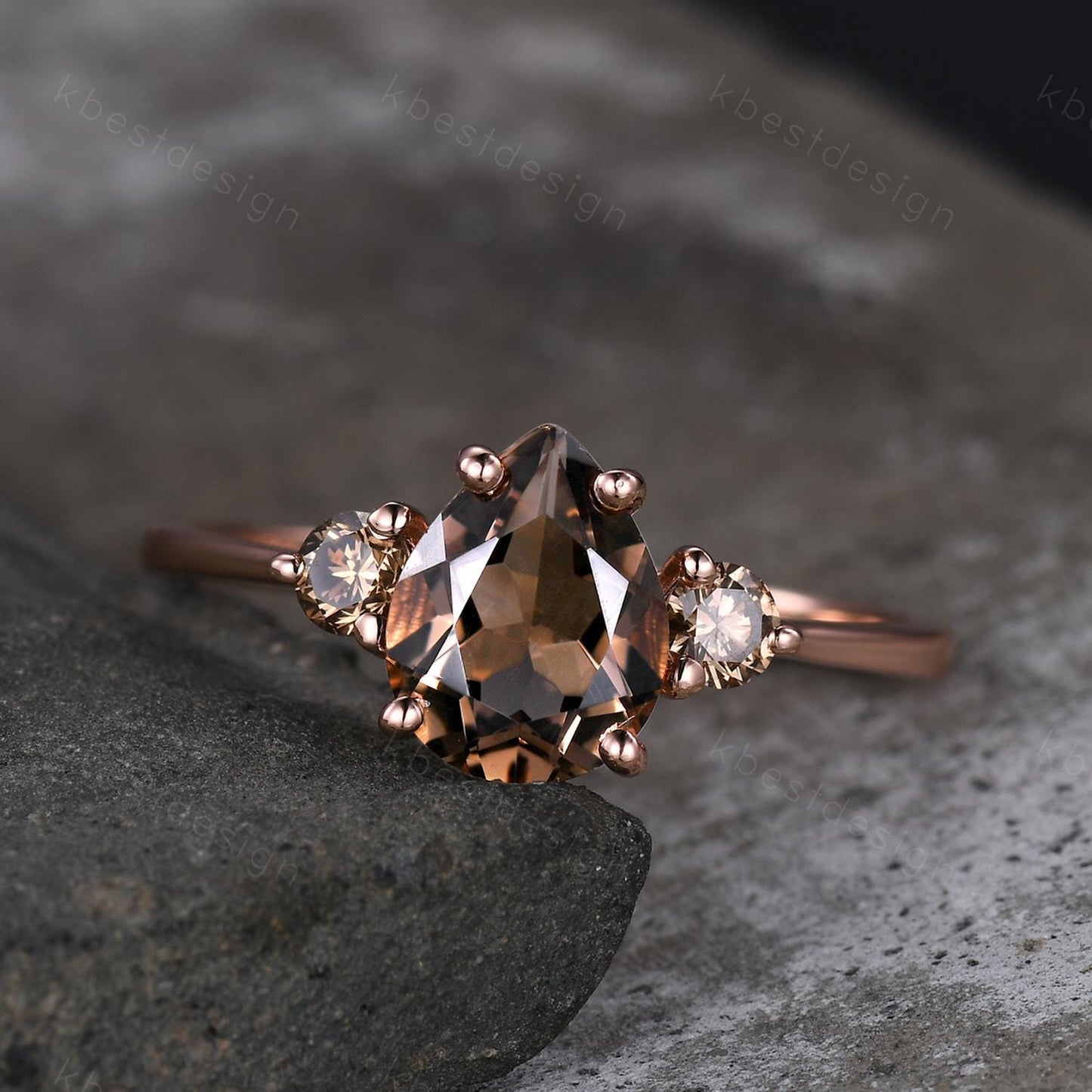 Pear shaped smoky quartz Engagement Ring Rose Gold three stone engagement ring Vintage champagne Diamond Wedding ring Bridal promise ring