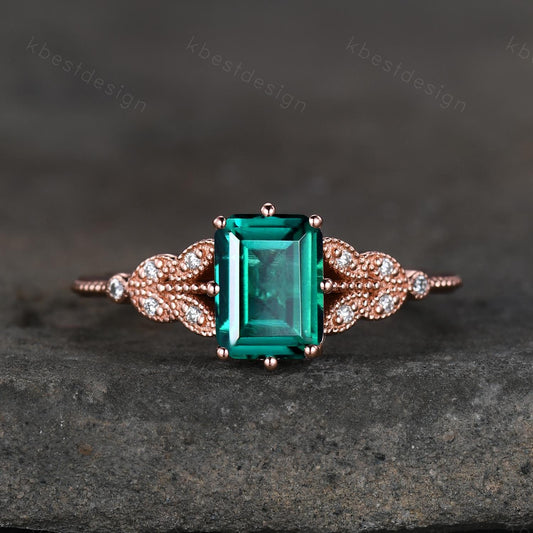 Emerald cut green emerald engagement ring rose gold art deco moissanite wedding ring butterfly style ring Emerald bridal promise ring