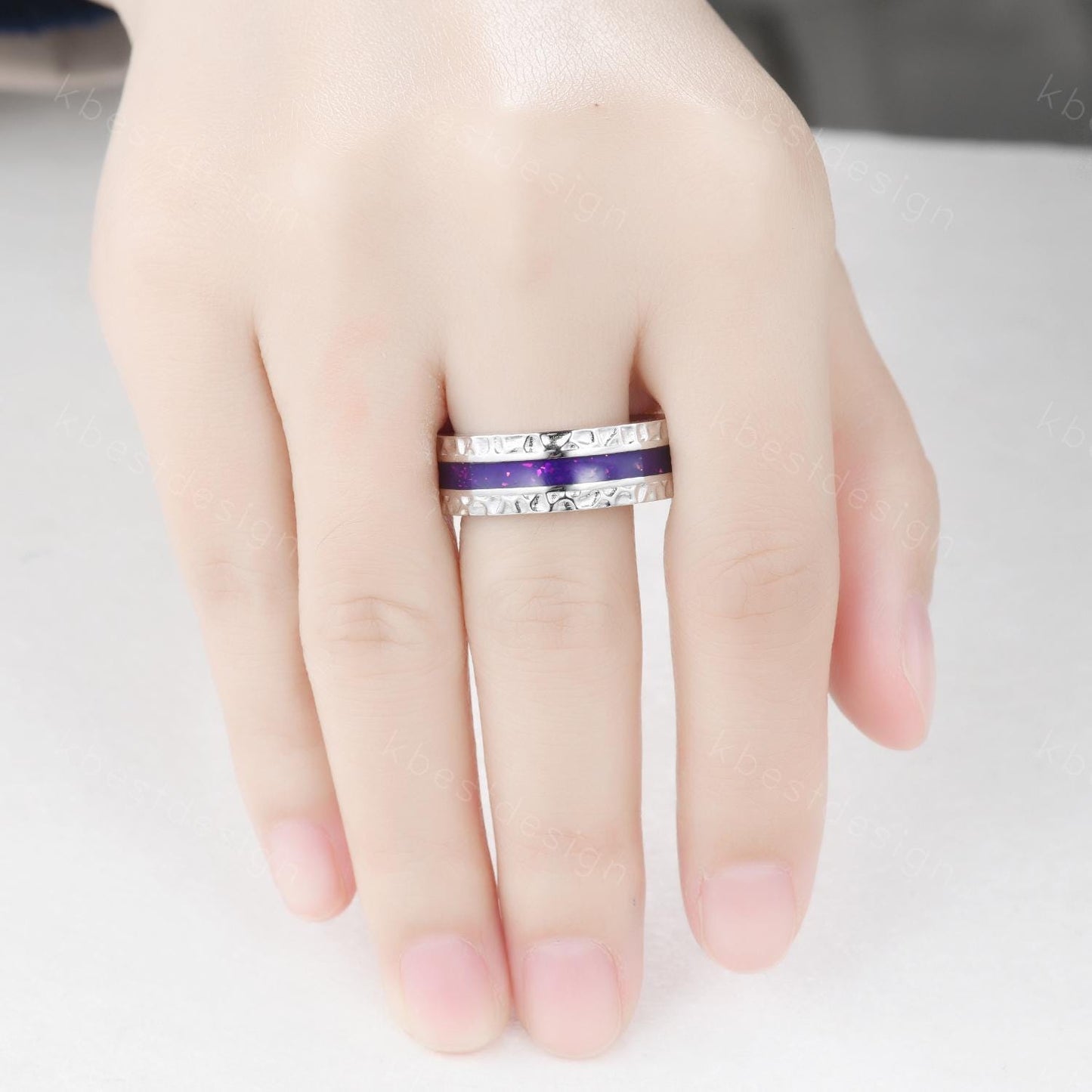 Mens Purple Enamel Wedding Band Unique Eternity Wedding Ring 925 Sterling Silver Ring Mens Hammered Stacking Matching Band Personalized Gift