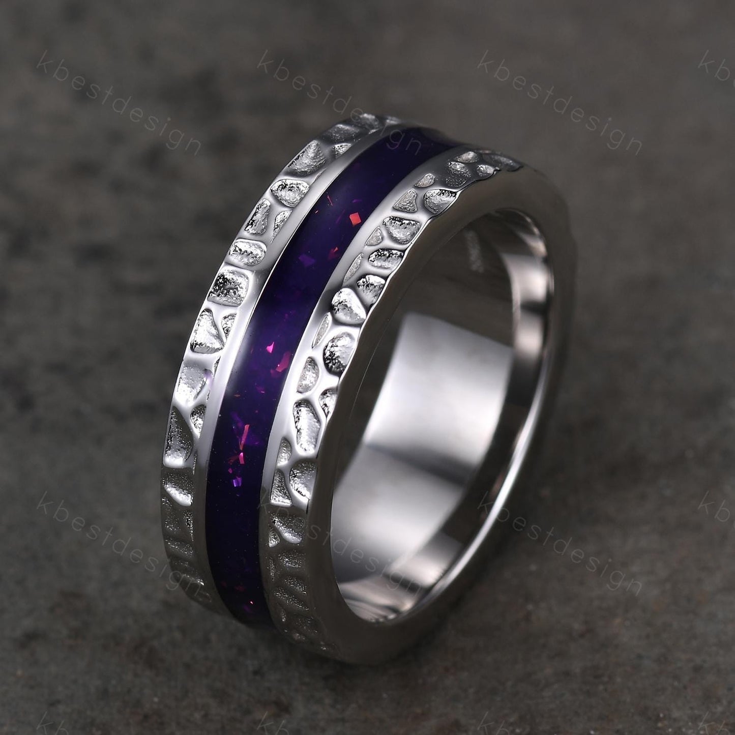 Mens Purple Enamel Wedding Band Unique Eternity Wedding Ring 925 Sterling Silver Ring Mens Hammered Stacking Matching Band Personalized Gift