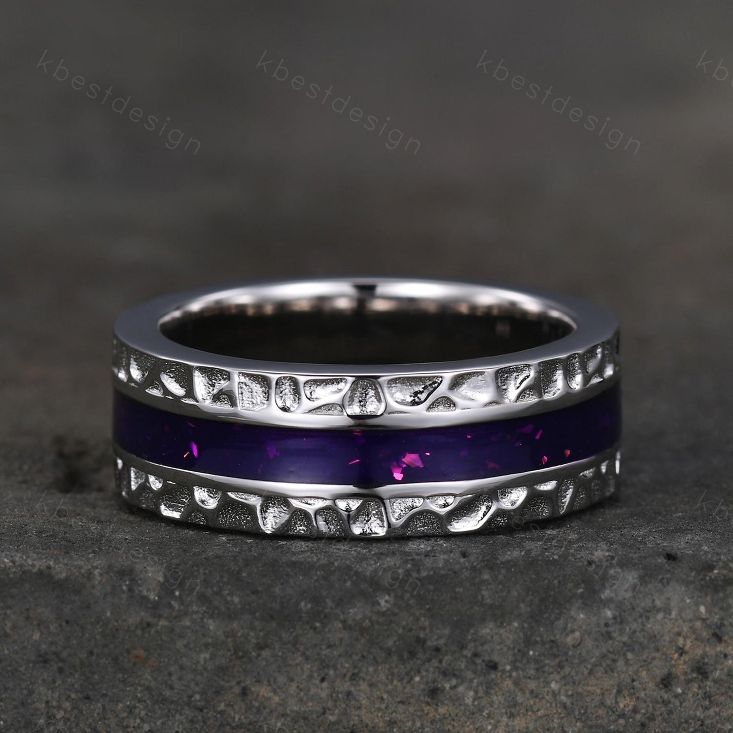 Mens Purple Enamel Wedding Band Unique Eternity Wedding Ring 925 Sterling Silver Ring Mens Hammered Stacking Matching Band Personalized Gift