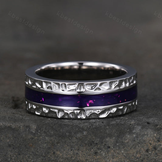 Mens Purple Enamel Wedding Band Unique Eternity Wedding Ring 925 Sterling Silver Ring Mens Hammered Stacking Matching Band Personalized Gift