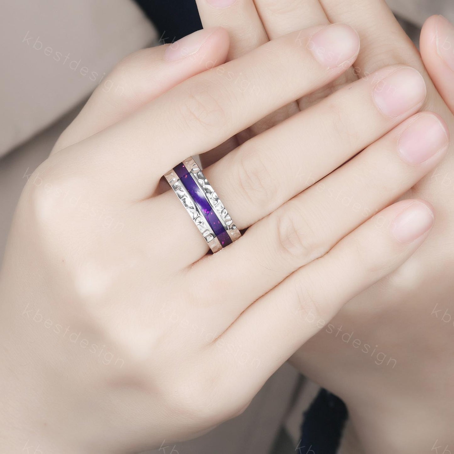 Mens Purple Enamel Wedding Band Unique Eternity Wedding Ring 925 Sterling Silver Ring Mens Hammered Stacking Matching Band Personalized Gift