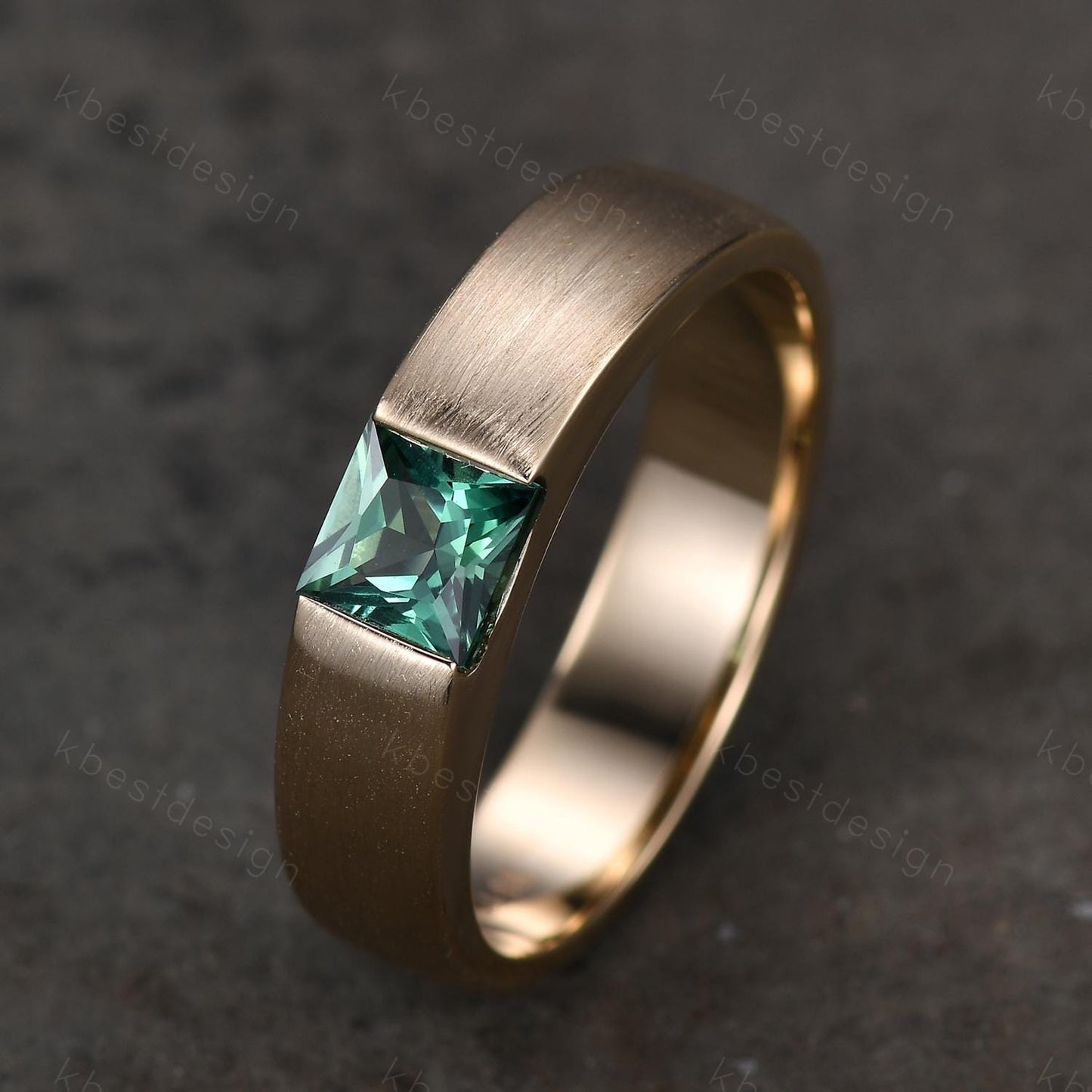 Mens Green Sapphire Wedding Band 14K Solid Gold Ring Princess Cut Teal Sapphire Mens Wedding Band Brush Finished Ring His Wedding Band