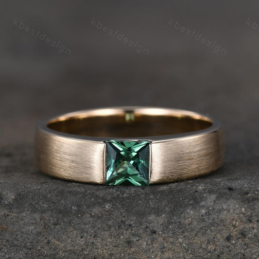 Mens Green Sapphire Wedding Band 14K Solid Gold Ring Princess Cut Teal Sapphire Mens Wedding Band Brush Finished Ring His Wedding Band