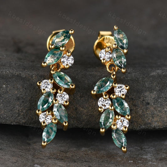 Moss agate cluster earring studs Unique marquise cut moss agate earrings Vintage Moissanite yellow gold jewelry Anniversary gift for her