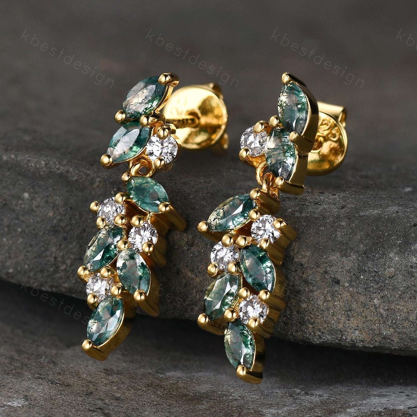 Moss agate cluster earring studs Unique marquise cut moss agate earrings Vintage Moissanite yellow gold jewelry Anniversary gift for her