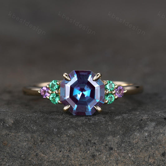 Vintage octagon cut Alexandrite engagement ring solid 14k gold ring emerald cluster ring unique wedding ring women anniversary ring gift