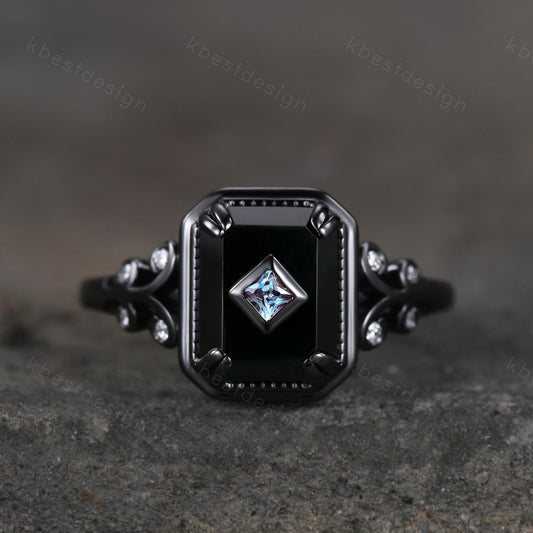 Emerald Cut Black Onyx engagement ring Antique Black Gold Ring For Women Art Deco Alexandrite Gemstone Ring Vintage Bridal Statement Ring