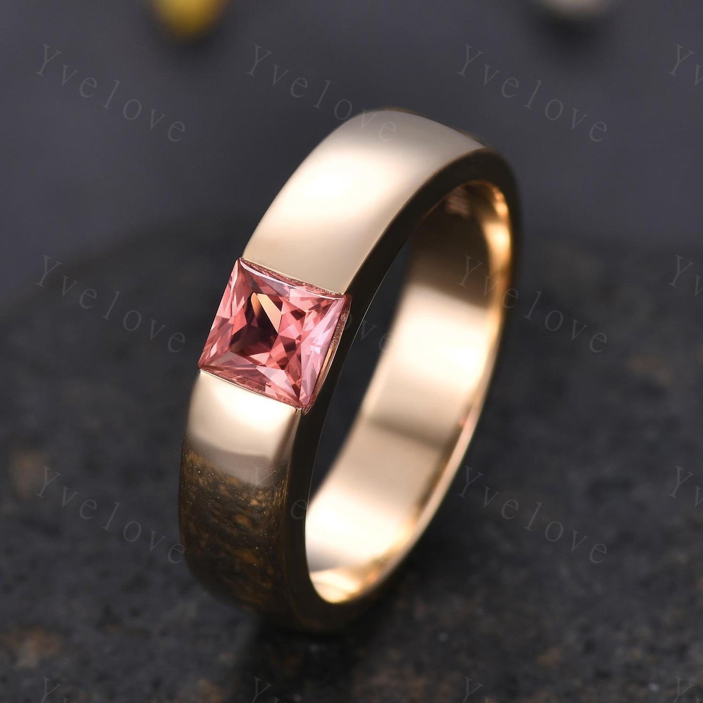 5mm Mens Papalacha Sapphire Wedding Band Princess Cut Sapphire Band 14k Gold Ring Mens Plain Band Stacking Matching Band Vintage Ring Gift