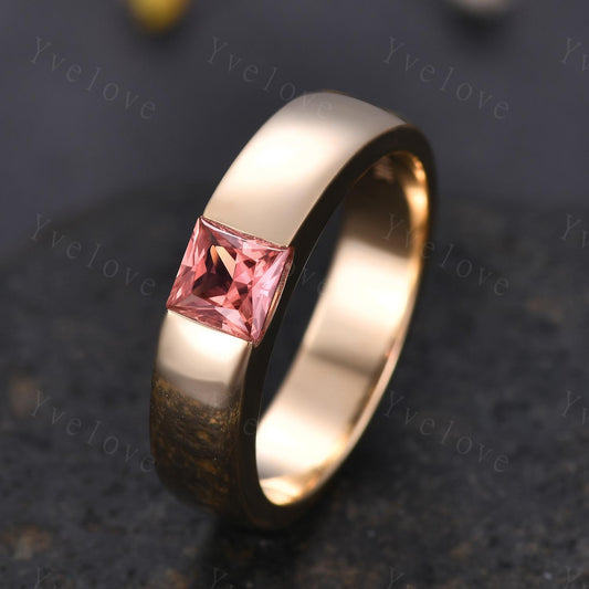 5mm Mens Papalacha Sapphire Wedding Band Princess Cut Sapphire Band 14k Gold Ring Mens Plain Band Stacking Matching Band Vintage Ring Gift