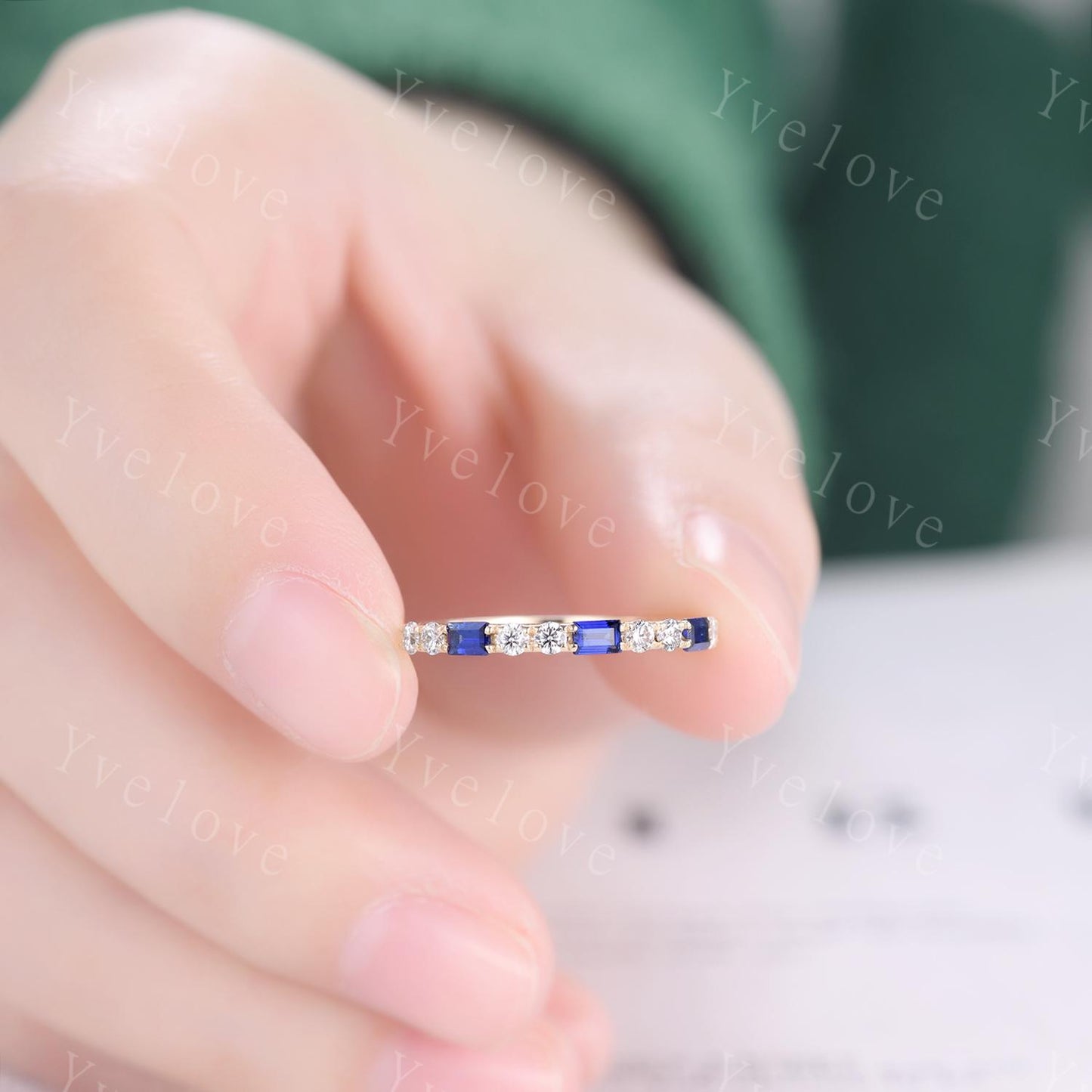 Baguette Cut Sapphire and Diamond Wedding Ring Half Eternity Band Stacking Matching Ring 14K White Gold Anniversary Gift For Her Customized