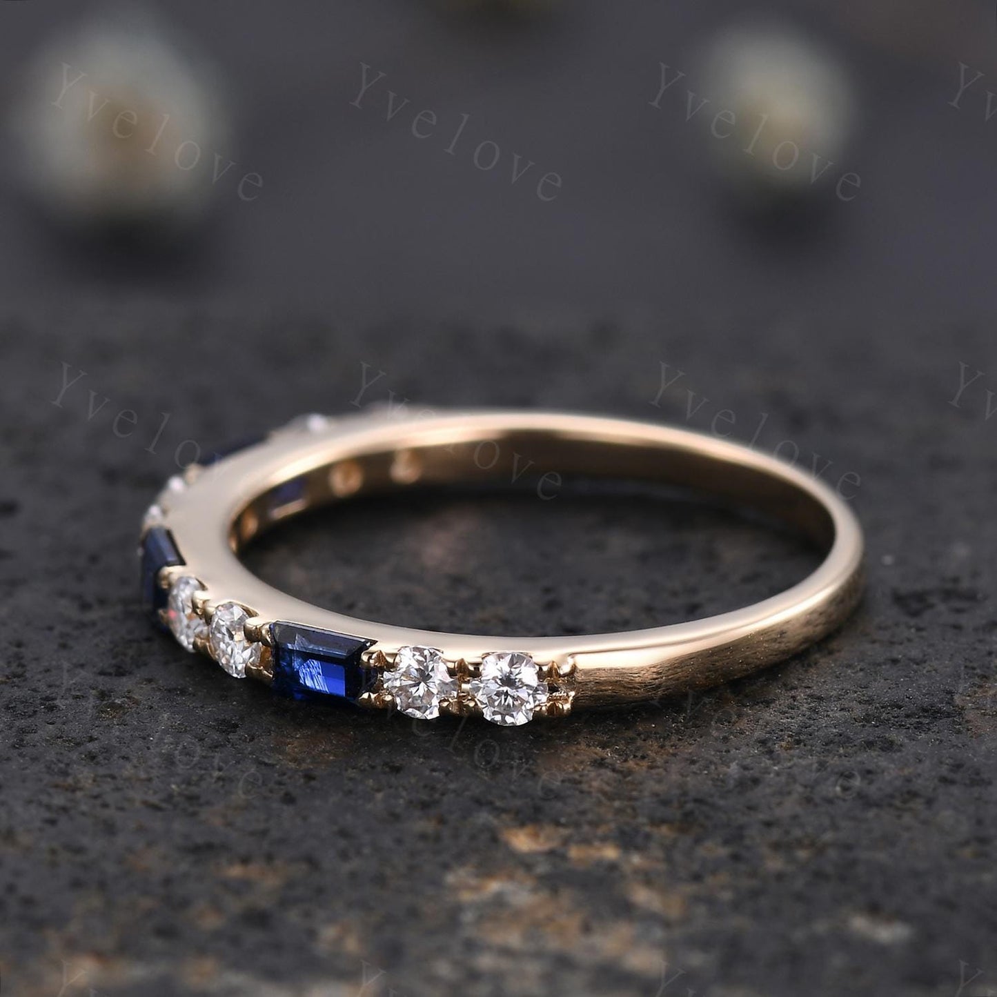 Baguette Cut Sapphire and Diamond Wedding Ring Half Eternity Band Stacking Matching Ring 14K White Gold Anniversary Gift For Her Customized