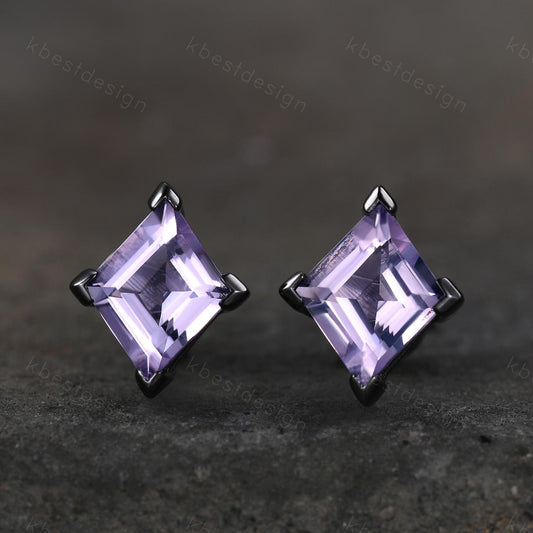 Natural ametyst stud earrings, rhombus cut earring studs, black gold studs best friend gift minimalist, tiny studs, anniversary gift for her