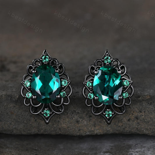 Antique emerald earrings women black gold earring studs oval cut emerald earrings art deco May birthstone studs anniversary gift for her