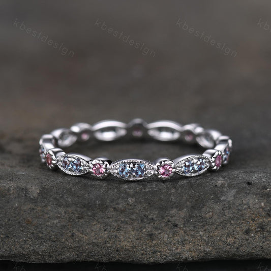 Alexandrite Tourmaline Wedding Band Art Deco Eternity Stacking Band Gemstone Band Ring Women Matching Band Promise Anniversary Ring Gift