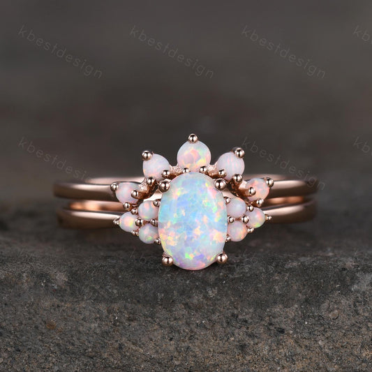 Oval shaped Opal engagement ring set rose gold opal ring vintage curved wedding ring October birthstone ring unique bridal wedding set
