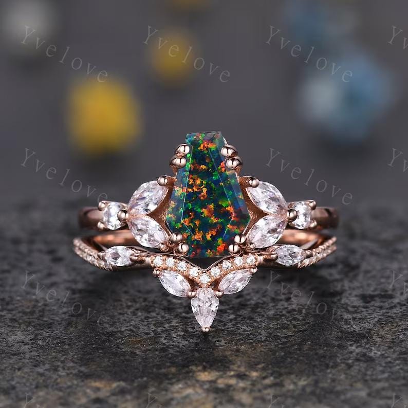 Vintage coffin shaped black fire opal ring set moissanite wedding ring Unique black opal engagement ring rose gold ring bridal promise ring