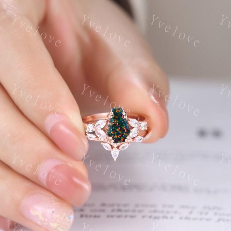 Vintage coffin shaped black fire opal ring set moissanite wedding ring Unique black opal engagement ring rose gold ring bridal promise ring