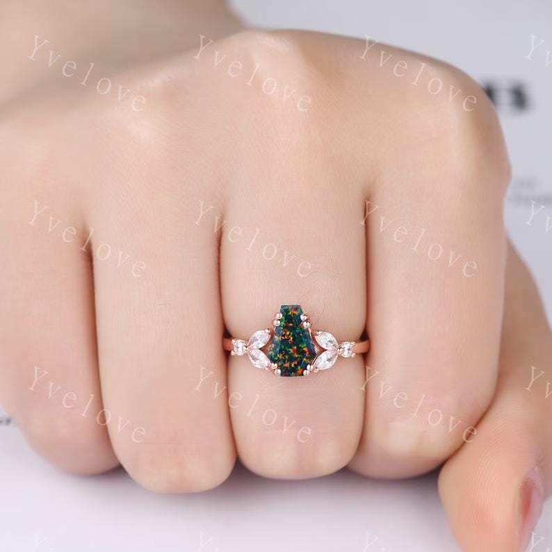 Vintage coffin shaped black fire opal ring set moissanite wedding ring Unique black opal engagement ring rose gold ring bridal promise ring