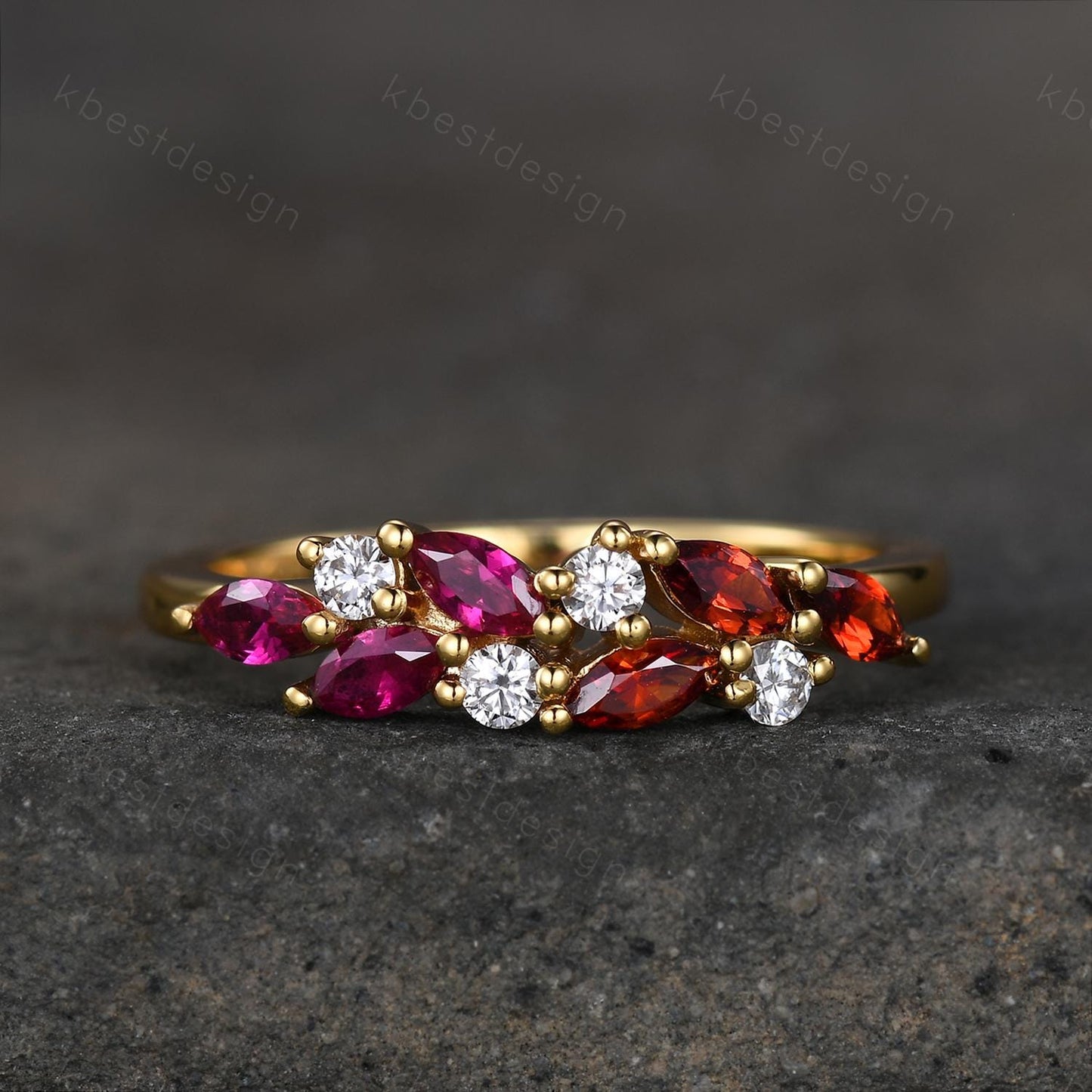 Ruby Garnet cluster wedding band Yellow gold marquise cut wedding band Vintage Moissanite ring family gemstone ring Anniversary gift for her