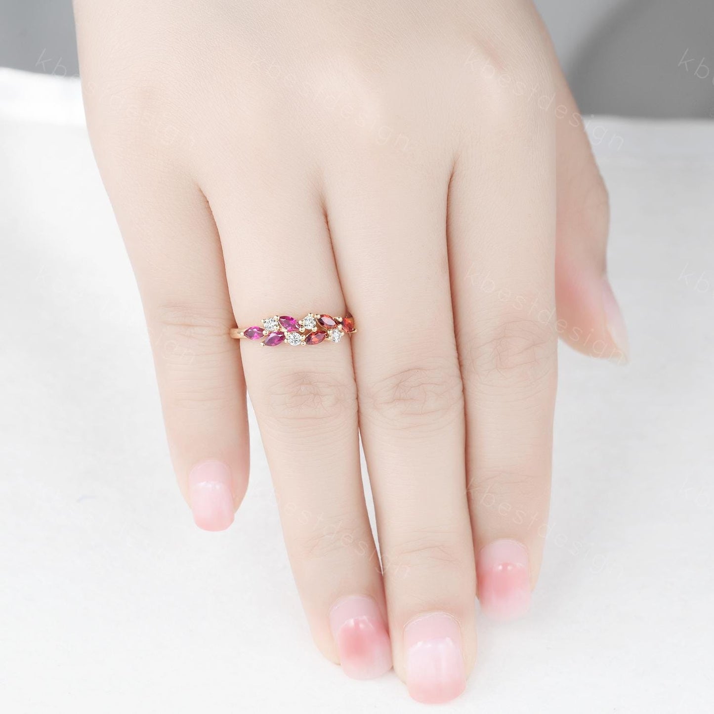 Ruby Garnet cluster wedding band Yellow gold marquise cut wedding band Vintage Moissanite ring family gemstone ring Anniversary gift for her