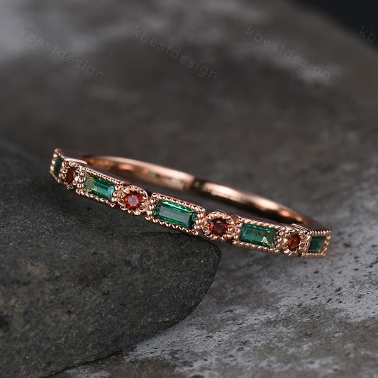 Emerald Wedding Band Half Eternity Band Emerald Garnet Band Art Deco Stacking Wedding Ring Anniversary Ring Rose Gold Band For Women