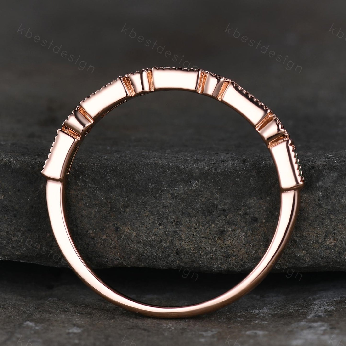 Emerald Wedding Band Half Eternity Band Emerald Garnet Band Art Deco Stacking Wedding Ring Anniversary Ring Rose Gold Band For Women
