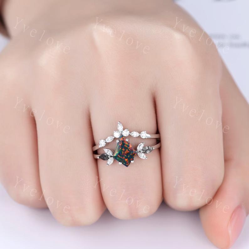 Vintage Kite Black Fire Opal Engagement Ring Set,Unique Bridal Ring Set,Marquise Black Rutilated Quartz,White Gold Anniversary Ring Gift
