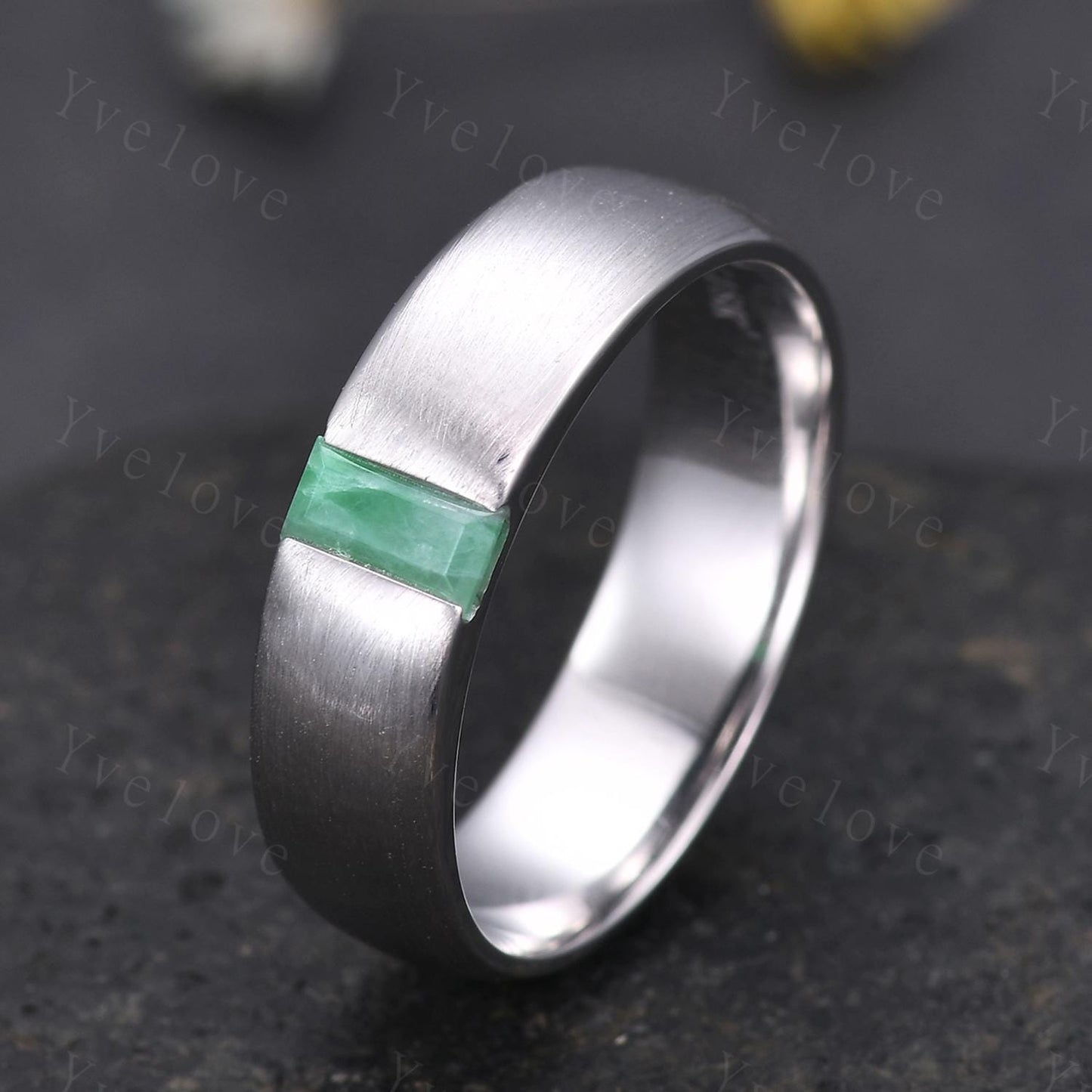 6mm Mens Natural Jade Wedding Band Baguette Shaped Jade Band 925 Silver Ring Mens Brushed Stacking Matching Band Retro Vintage Ring Gift