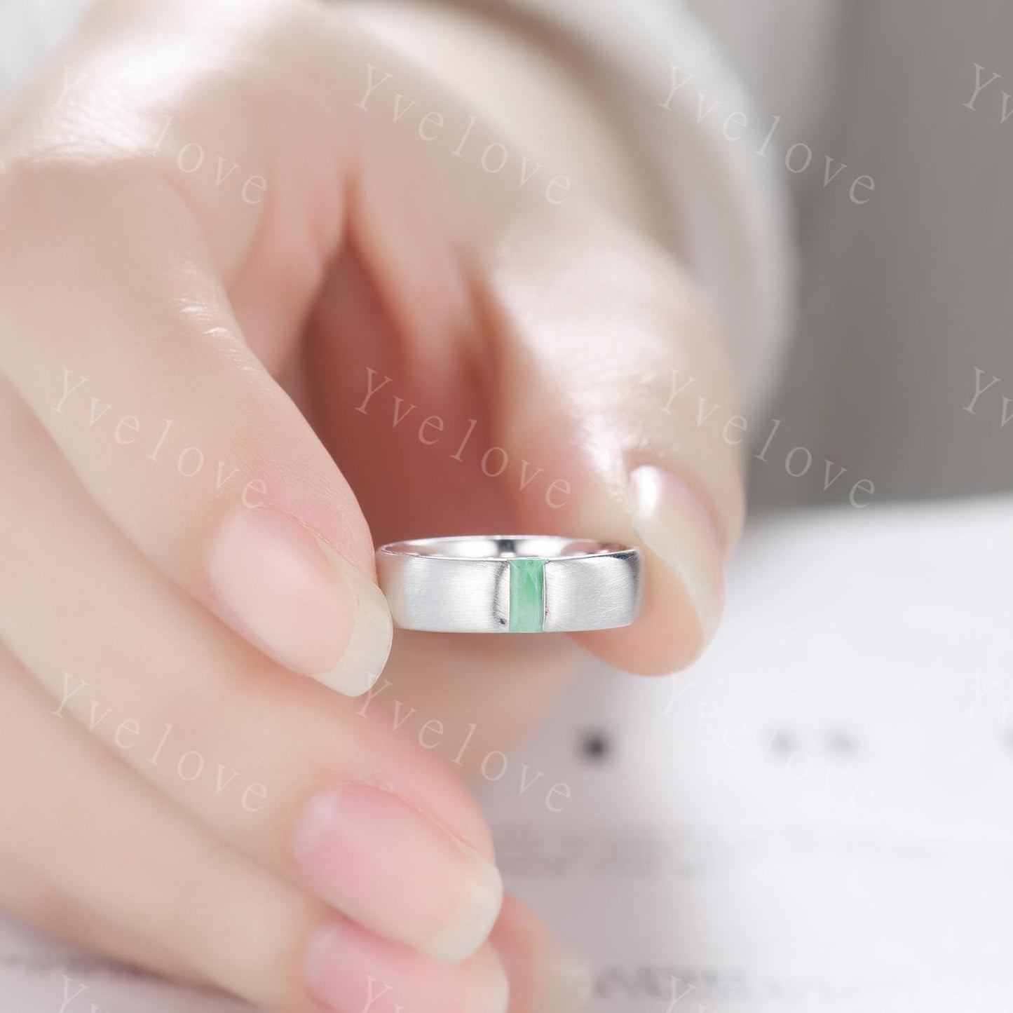 Custom order for Josh, 6mm width band, with baguette jade, 14k gold, size 12 1/2, polished.