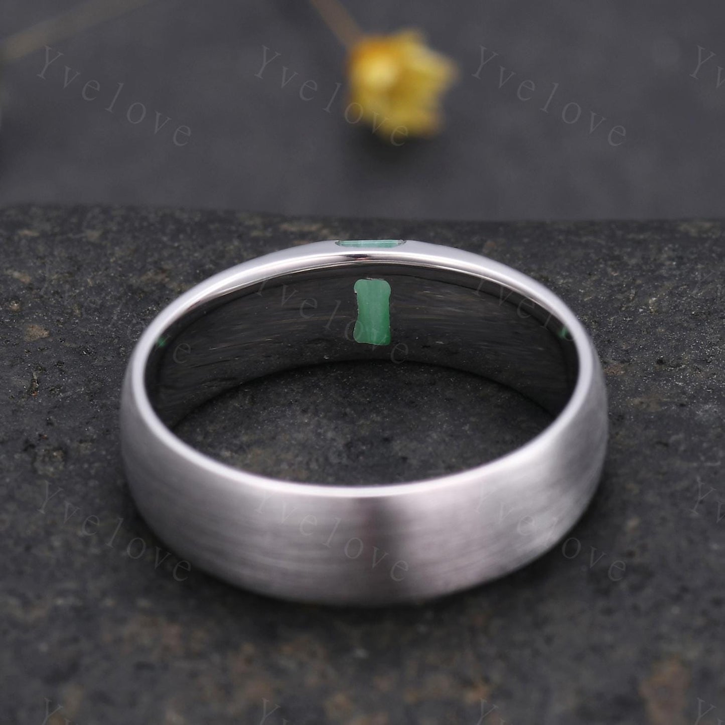 Custom order for Josh, 6mm width band, with baguette jade, 14k gold, size 12 1/2, polished.